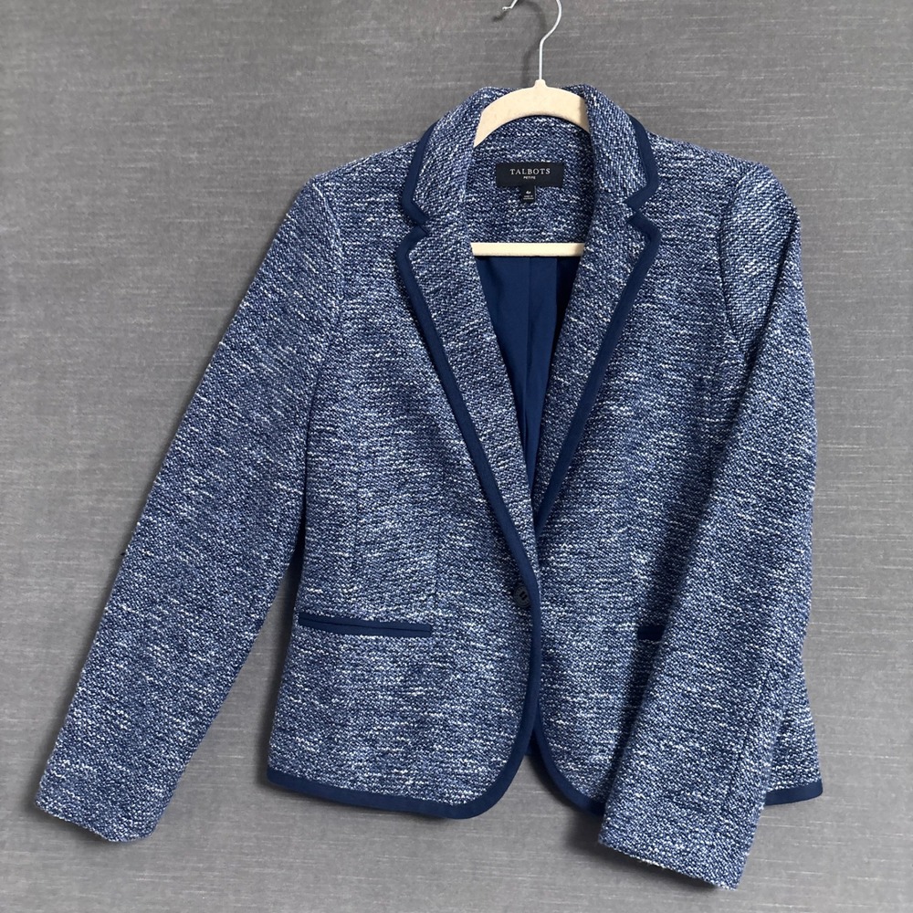 Talbots Blazer 4 Petite Blue Cotton Marled Tweed Career Professional Office Fall